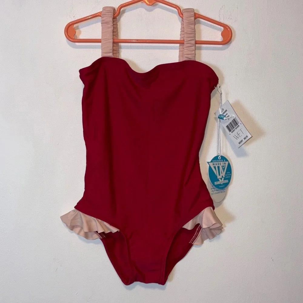 NEW WET Swimwear Lenae‎ Swimsuit 7Y Burgundy Ruffle One-Piece K4580BB